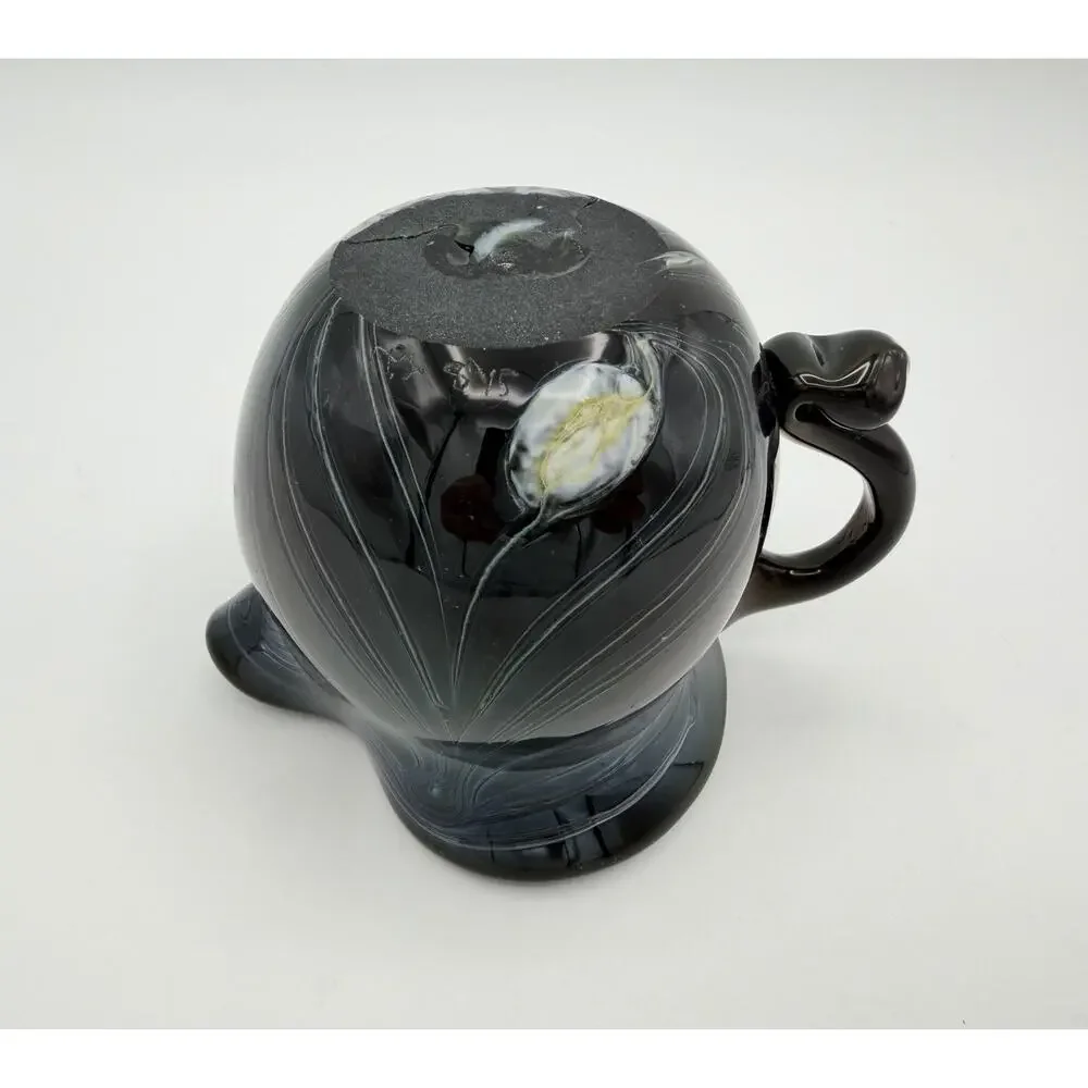 Hand Blown Black Glass Creamer Pitcher 3” Pulled Feather Design Signed Dated ‘72